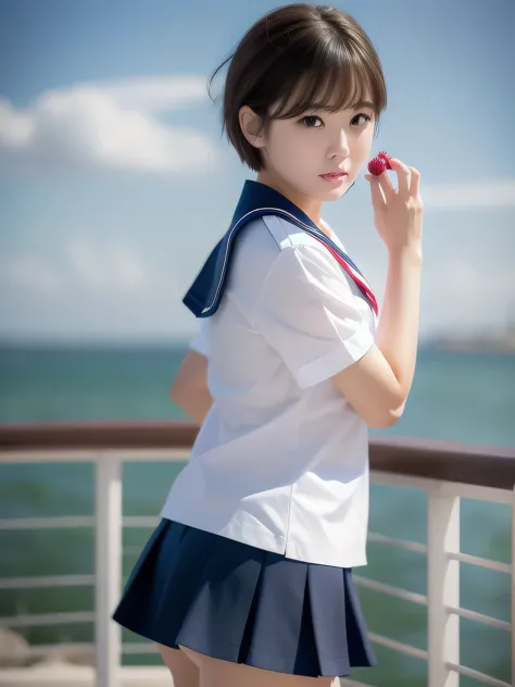 ultra-realistic images、high resolution、berry short cut、 beauty、sailor suit、the strong wind blows up my skirt and i blush.、パンティが見...