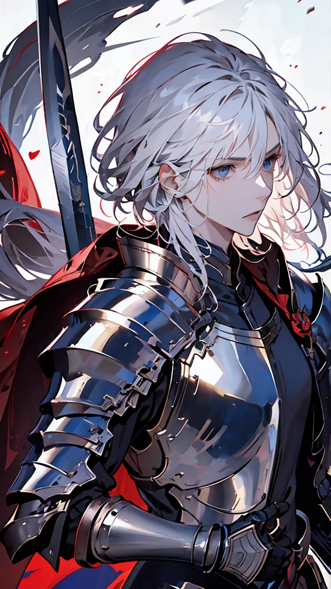 ((best quality)), ((masterpiece)), (detailed), best quality, detailed face, detailed eyes, Embroidered silver armor, knight, white-haired young man, Heroic fantasy protagonist, champion, long sword, Grasp the hilt of a long sword