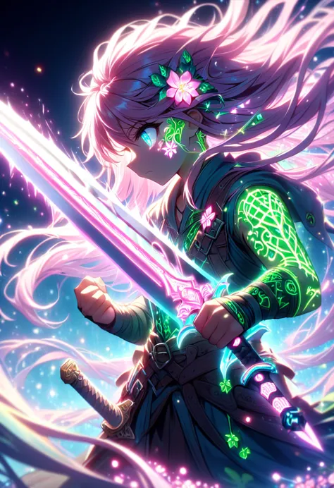 closed-up face,a swordsman carrying a huge sword、the blade is decorated with glowing neon flower tattoos.。the tattoo is a mix of...