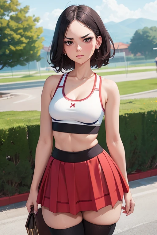 (best quality), (masterpiece), 1 girl, early 20's, small breasts, busty, perky breasts, thick, thick lips, wide hips, thin waist, angry face, angry expression, pleated skirt, knee socks, sports bra