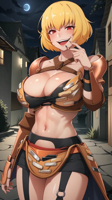 1girl, clementine \(overlord\), armor, garter belt, gauntlets, blonde hair, short hair, red eyes, smile, psycho smile, mouth ope...