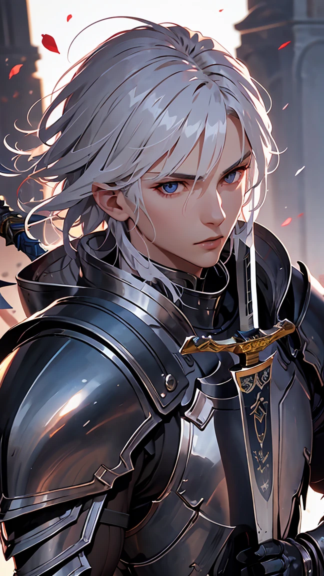 ((best quality)), ((masterpiece)), (detailed), best quality, detailed face, detailed eyes, Embroidered silver armor, knight, white-haired young man, Heroic fantasy protagonist, champion, long sword, Grasp the hilt of a long sword