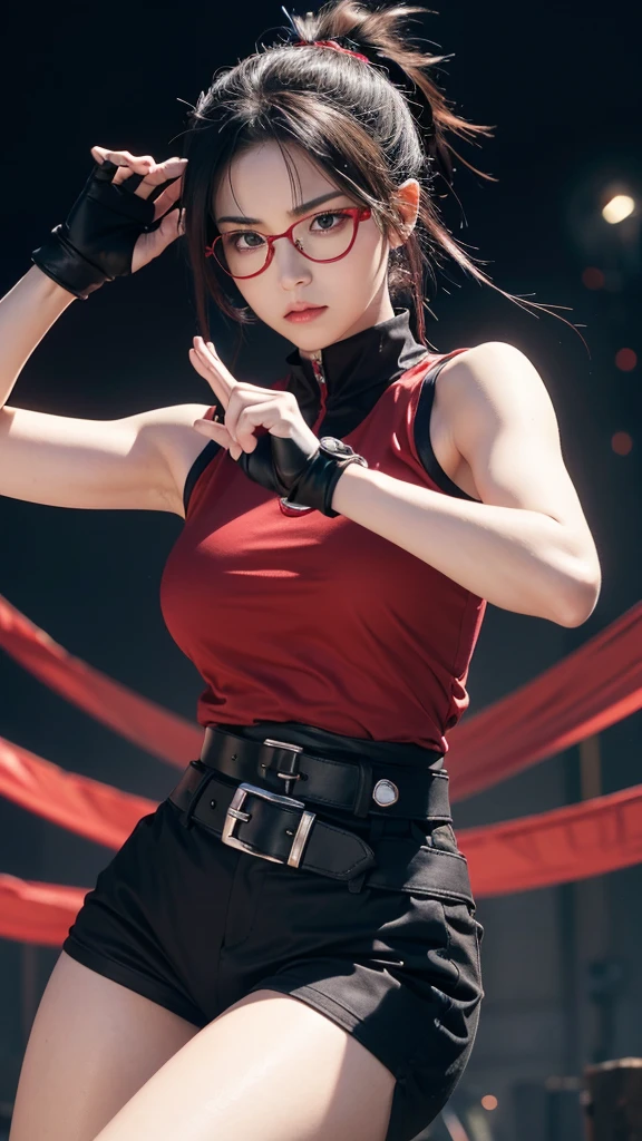 A realistic portrayal of a beautiful female ninja, around 1, with an athletic build and a confident, determined expression. She has light skin and short, slightly wavy black hair that reaches her chin. Both of her eyes glow with the distinct pattern of the Sharingan, red with black tomoe, indicating her powerful abilities. She wears a ninja headband with her village's symbol on the metal plate and red rectangular glasses, giving her an intelligent, agile look. She is dressed in a sleeveless dark red shirt, black shorts, and black ninja sandals. Her hands are covered by combat gloves that extend to her forearms, and white bandages are wrapped around her legs. She carries a weapons pouch attached to her belt. The scene captures her in a confident stance, with a faint aura of energy radiating from her, emphasizing her power and readiness for action. The background is minimalist, focusing on the character's striking presence and the intensity of her Sharingan eyes.