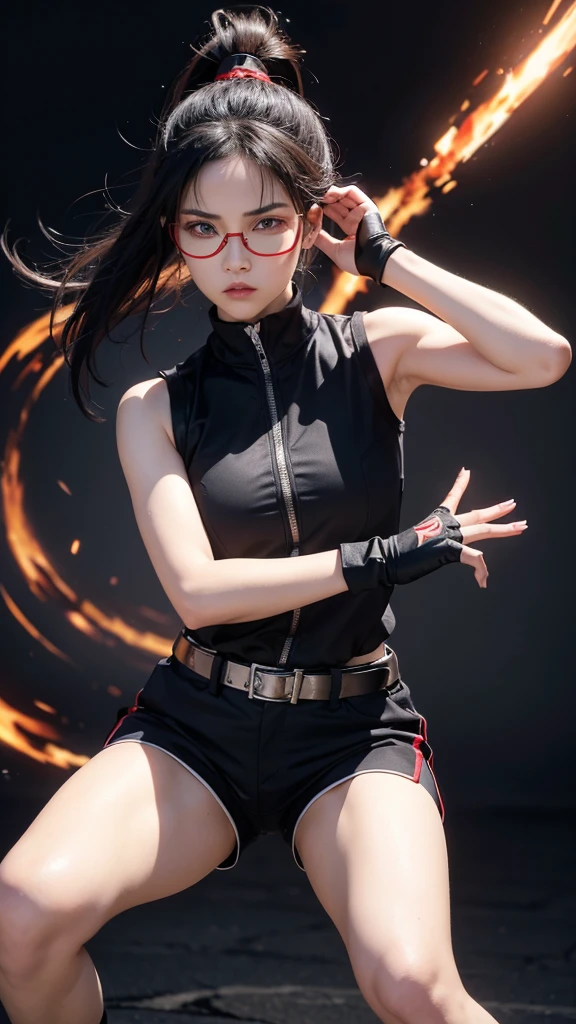 A realistic portrayal of a beautiful female ninja, around 1, with an athletic build and a confident, determined expression. She has light skin and short, slightly wavy black hair that reaches her chin. Both of her eyes glow with the distinct pattern of the Sharingan, red with black tomoe, indicating her powerful abilities. She wears a ninja headband with her village's symbol on the metal plate and red rectangular glasses, giving her an intelligent, agile look. She is dressed in a sleeveless dark red shirt, black shorts, and black ninja sandals. Her hands are covered by combat gloves that extend to her forearms, and white bandages are wrapped around her legs. She carries a weapons pouch attached to her belt. The scene captures her in a confident stance, with a faint aura of energy radiating from her, emphasizing her power and readiness for action. The background is minimalist, focusing on the character's striking presence and the intensity of her Sharingan eyes.