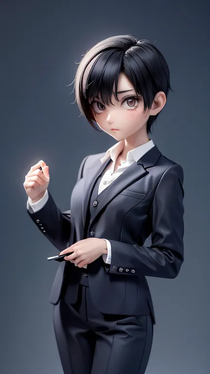 older sister、cool、slender、black hair,、short hair、in a suit、dress shirt、pants、