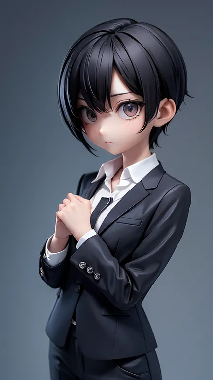 older sister、cool、slender、black hair,、short hair、in a suit、dress shirt、unbuttoned、pants、