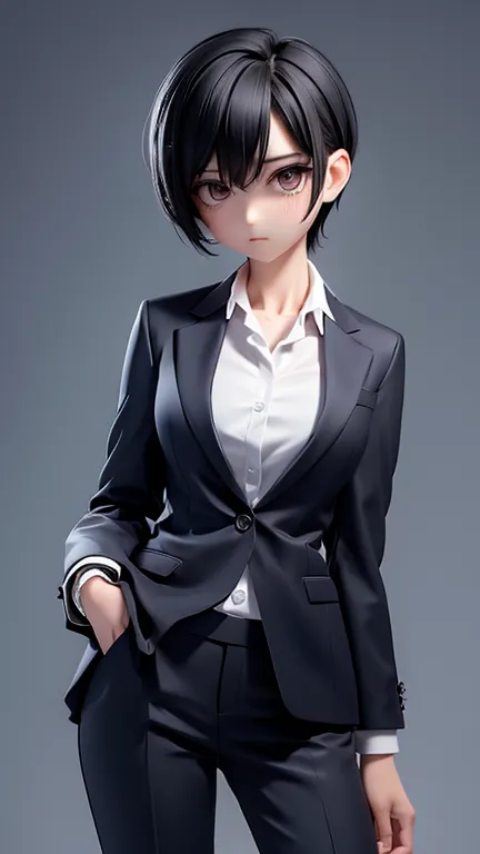 older sister、cool、slender、black hair,、short hair、in a suit、dress shirt、pants、bra