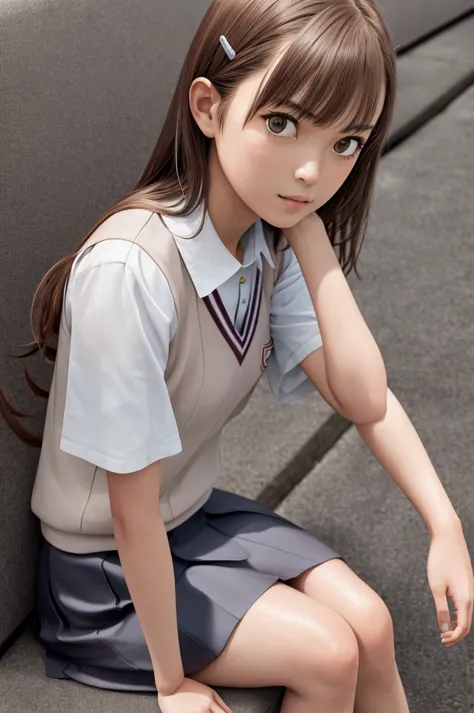 masterpiece, best quality, highres, 1girl hairclip, tokiwadai school uniform photorealistic, sitting