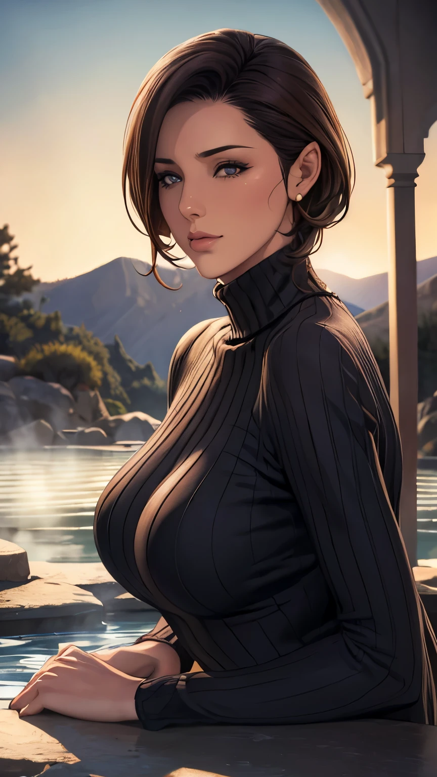 Beautiful mature woman, In a turtleneck sweater, Relax in the hot springs, Front view, Written by hand, Illustration Style, Detailed facial features, Very detailed, 8k, Realistic, Beautiful attention to detail, Beautiful lip detail, Very detailed顔, Intricate details, Warm color palette, Soft lighting, Digital Painting, masterpiece