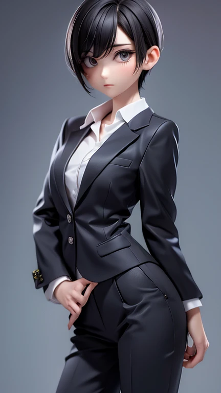 older sister、bra、cool、slender、Black Hair,、Short Hair、In a suit、Dress shirt、pants、
