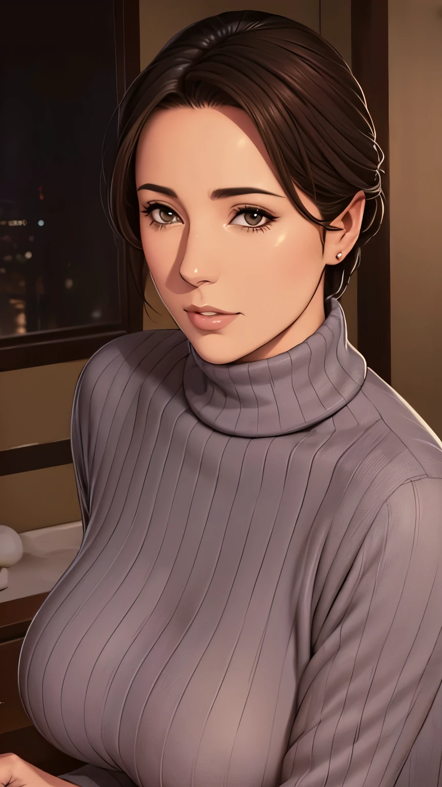 Beautiful mature woman, In a turtleneck sweater, Relax in the hot springs, Front view, Written by hand, Illustration Style, Detailed facial features, Very detailed, 8k, Realistic, Beautiful attention to detail, Beautiful lip detail, Very detailed顔, Intricate details, Warm color palette, Soft lighting, Digital Painting, masterpiece