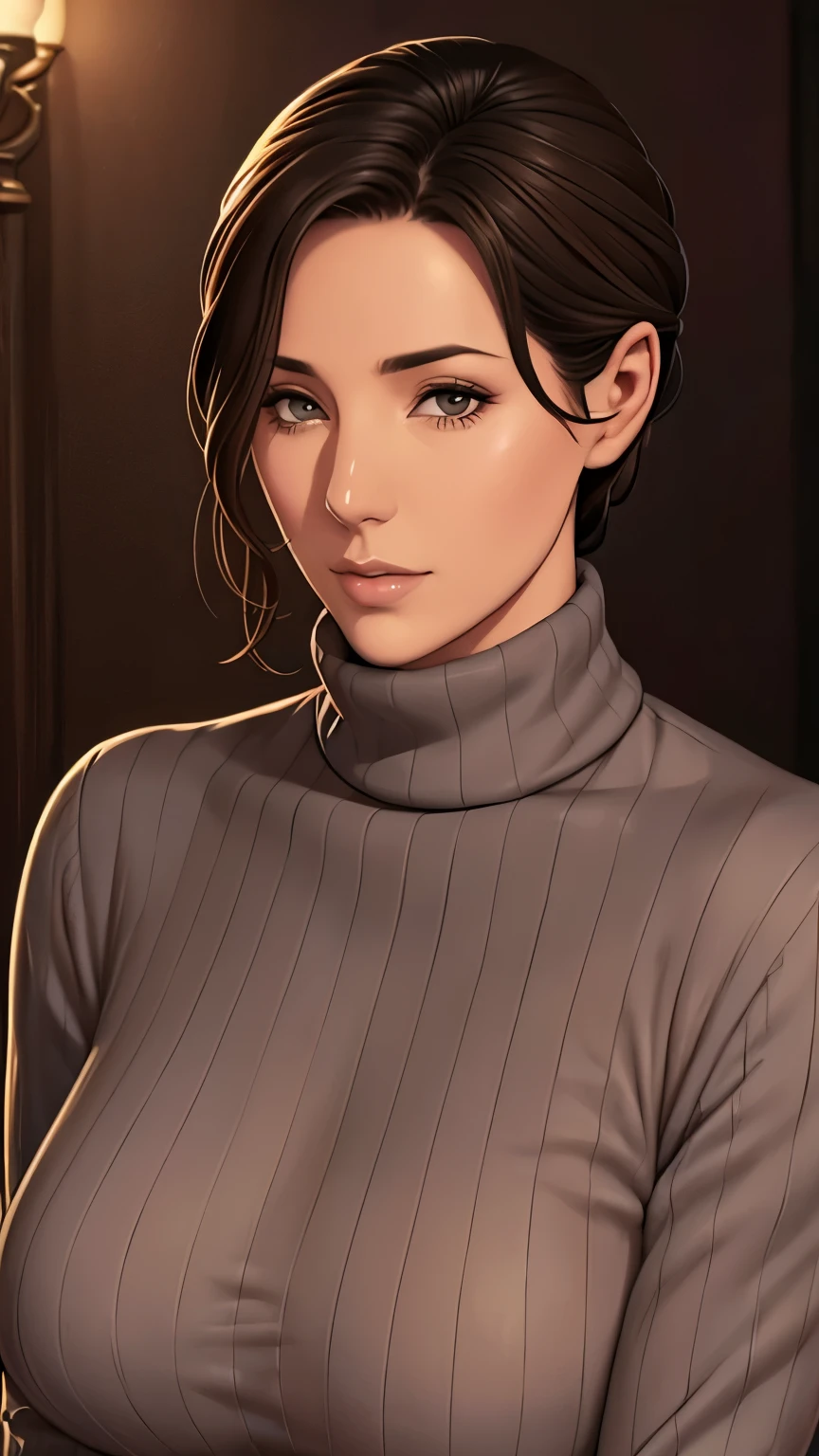 Beautiful mature woman, In a turtleneck sweater, Relax in the hot springs, Front view, Written by hand, Illustration Style, Detailed facial features, Very detailed, 8k, Realistic, Beautiful attention to detail, Beautiful lip detail, Very detailed顔, Intricate details, Warm color palette, Soft lighting, Digital Painting, masterpiece