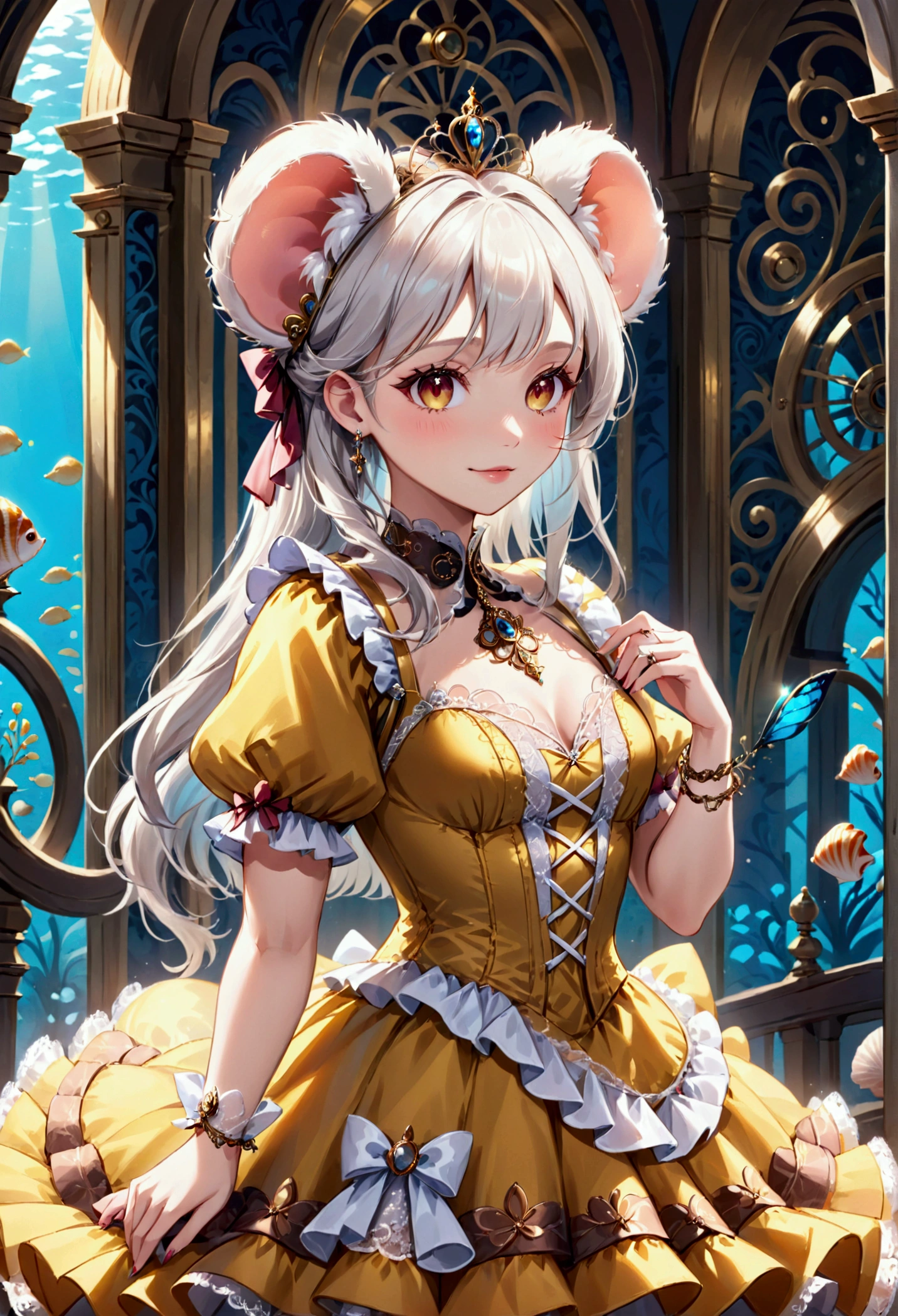 (best quality,4k,8k,highres,masterpiece:1.2), ultra-detailed, Pretty anthropomorphic mouse girl has a princess, drawn in anime style, steampunk, wearing a yellow princess gown with puffy sleeves, steampunk, gorgeous frilly dress design,flowing gown,elaborate lace details,rich textures,contrast stitching,delicate ribbon bows, fish scales pattern accents, flowers embroidery, full skirt,short sleeves,fitted waistline,flared cuffs,lace-up back,luxurious fabrics,flawless silhouette, long curly white hair and red eyes, white fur, smiling, mouse ears and tail, high heels, white elbow gloves, gold bracelets, tiara made of seashells, beautifully detailed lips with lipstick, long eyelashes, eyeshadow, seashell necklace, in a castle bedroom with intricate decoration and luxurious furniture, flower wallpaper, she is happily checking her new princess dress.