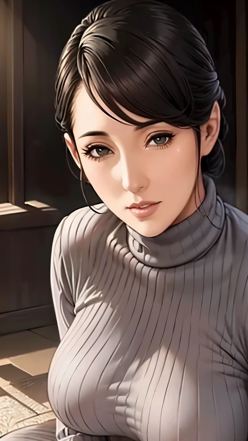 Beautiful mature woman, In a turtleneck sweater, Relax in the hot springs, Front view, Written by hand, Illustration Style, Detailed facial features, Very detailed, 8k, Realistic, Beautiful attention to detail, Beautiful lip detail, Very detailed顔, Intricate details, Warm color palette, Soft lighting, Digital Painting, masterpiece