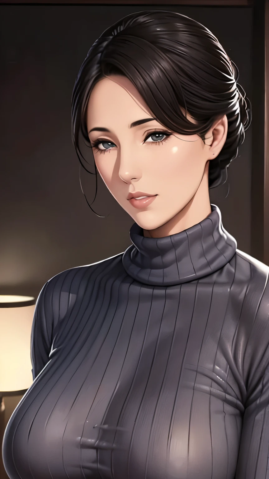 Beautiful mature woman, In a turtleneck sweater, Relax in the hot springs, Front view, Written by hand, Illustration Style, Detailed facial features, Very detailed, 8k, Realistic, Beautiful attention to detail, Beautiful lip detail, Very detailed顔, Intricate details, Warm color palette, Soft lighting, Digital Painting, masterpiece