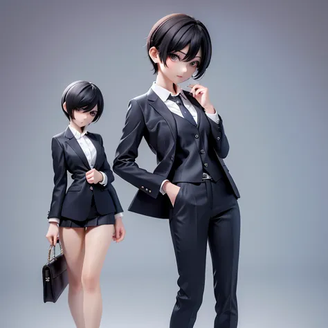 older sister、bra、cool、slender、black hair,、short hair、in a suit、dress shirt、pants、half-dressed