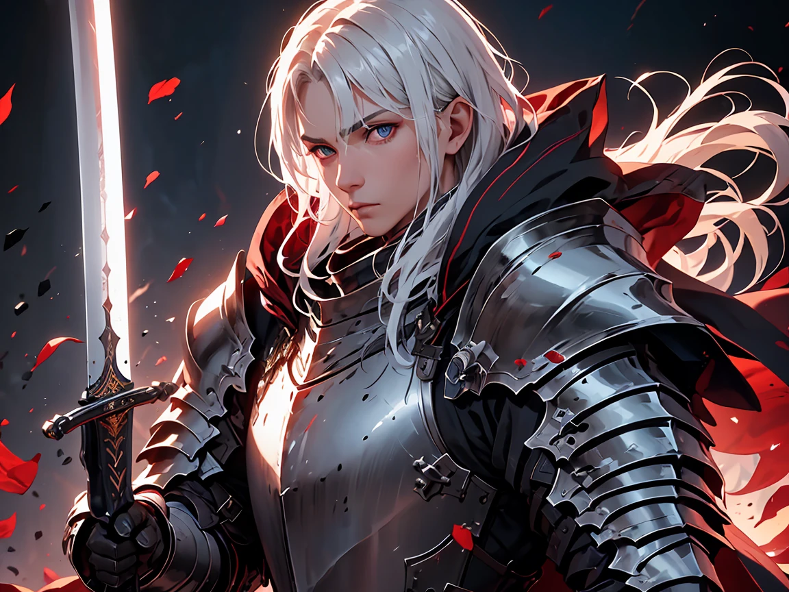 ((best quality)), ((masterpiece)), (detailed), best quality, detailed face, detailed eyes, Embroidered silver armor, knight, white-haired young man, Heroic fantasy protagonist, champion, long sword, Grasp the hilt of a long sword