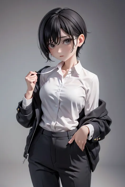 older sister、bra、cool、slender、black hair,、short hair、in a suit、dress shirt、pants、half-dressed、undressing