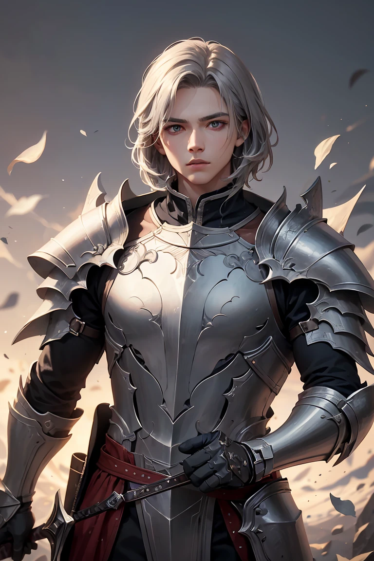 ((best quality)), ((masterpiece)), (detailed), best quality, detailed face, detailed eyes, Embroidered silver armor, knight, silver-haired young man, Heroic fantasy protagonist, champion, long sword, Grasp the hilt of a long sword