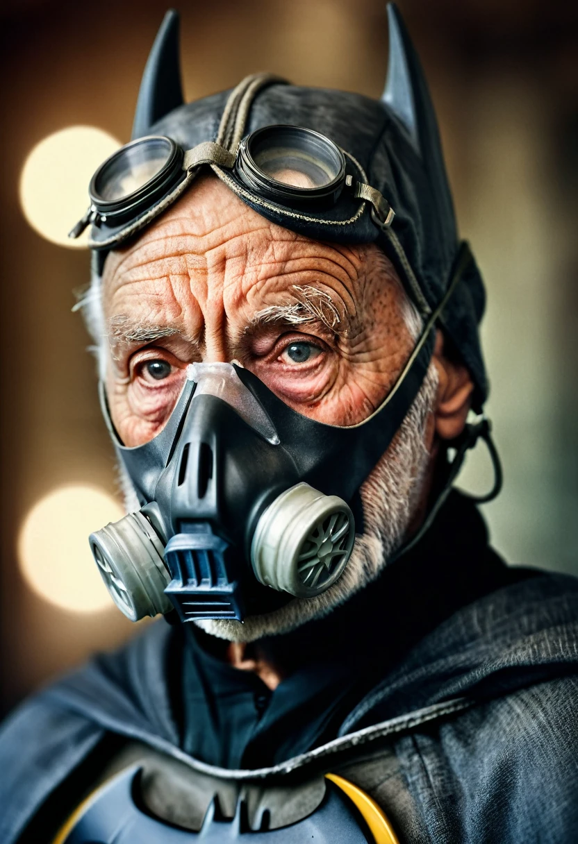 portrait of a very old batman, with Oxygen mask, with beard, wrinkles, visible skin pores, hyper realistic, insane detail, bokeh, blurred background, photorealistic, extreme realism, 35mm film photography, professional portrait, film photography style, high contrast, dramatic lights, telephoto lens, masterpiece