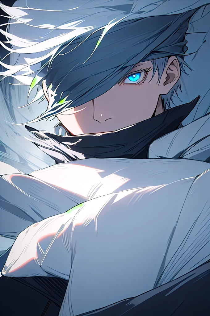 gojou satoru, 1boy, male focus, solo,  full body, blue eyes, blindfold, white hair, night, one eye covered, parted lips, high collar, looking at viewer, 
 