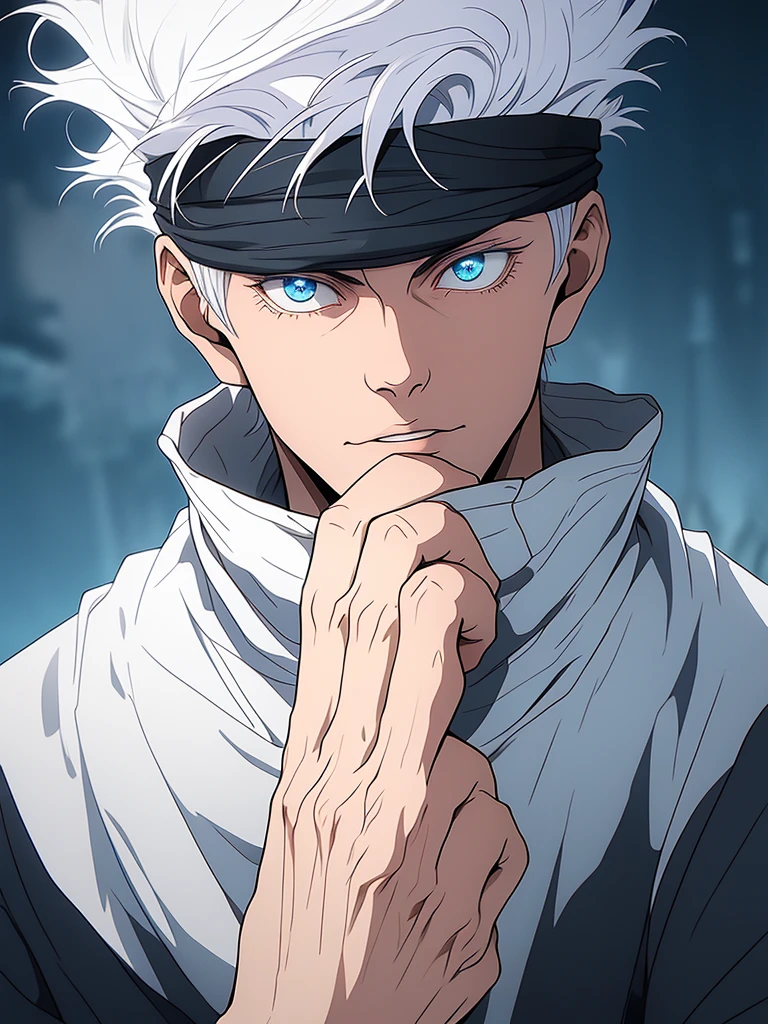 gojou satoru, 1boy, male focus, solo,  full body, blue eyes, blindfold, white hair, night, one eye covered, parted lips, high collar, looking at viewer, 
 