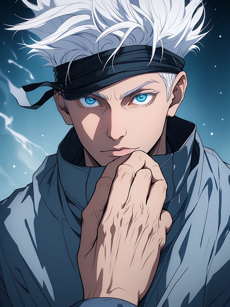 gojou satoru, 1boy, male focus, solo,  full body, blue eyes, blindfold, white hair, night, one eye covered, parted lips, high collar, looking at viewer, 
 