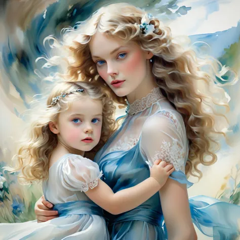 girl with long wavy blonde hair, holds one small child in his arms, with blue eyes, beautiful, how fashionable , she is wearing ...