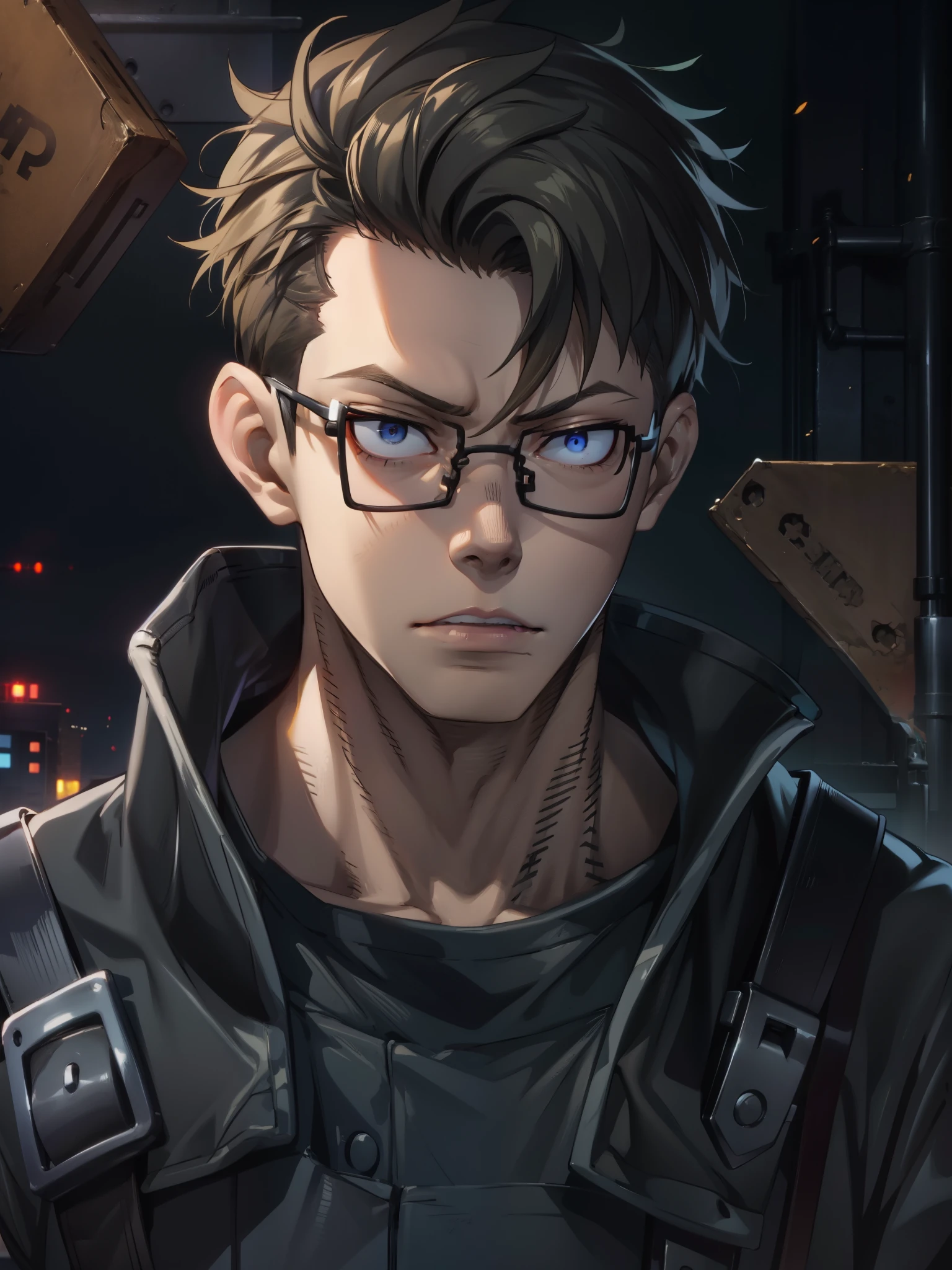 8k, Highly Detailed, Masterpiece, source_anime, best quality, beautifully detailed eyes and beautifully detailed hair, 1man, solo, young man with short brown hair and light skin, The character is wearing rectangular black glasses and has brown eyes, He has a serious expression with sharp, angular facial features, including prominent cheekbones and a defined jawline, He is dressed in a black shirt and has jumpsuit straps over the shoulder, The man is holding a hand near his face, with a serious expression and looking slightly to the side. The background consists of a grid wall with various firearms mounted on it, illuminated by a blue light. The overall scene has a serious and intense atmosphere, with a focus on the character's contemplative demeanor and the detailed background elements, the character is a member of the fire brigade