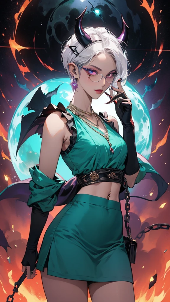 8k, masterpiece, best quality, highly detailed, 1 girl, tiefling, warlock, pixie cut, multicolored hair, very short straight hair red highlight hair on white hair, strippled hair, wearing glasses, round glasses, earrings, navel piercing, red eyeshadow, long eyelashes, blushed cheek, red lips, pearl necklace, rings, collarbone, mole on face, glamorous, teal and purple clothes, sleeveless, miniskirt, smirk, close up view, rings, looking at viewer, demon horns, solo, starry sky, pale blue moon, standing, boxing stance, demonic arms, chains on the background, black transparent laced gloves.