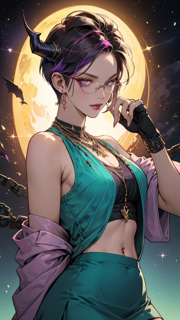 8k, masterpiece, best quality, highly detailed, 1 girl, tiefling, warlock, pixie cut, multicolored hair, very short straight hair red highlight hair on white hair, strippled hair, wearing glasses, round glasses, earrings, navel piercing, red eyeshadow, long eyelashes, blushed cheek, red lips, pearl necklace, rings, collarbone, mole on face, glamorous, teal and purple clothes, sleeveless, miniskirt, smirk, close up view, rings, looking at viewer, demon horns, solo, starry sky, pale blue moon, standing, boxing stance, demonic arms, chains on the background, black transparent laced gloves.