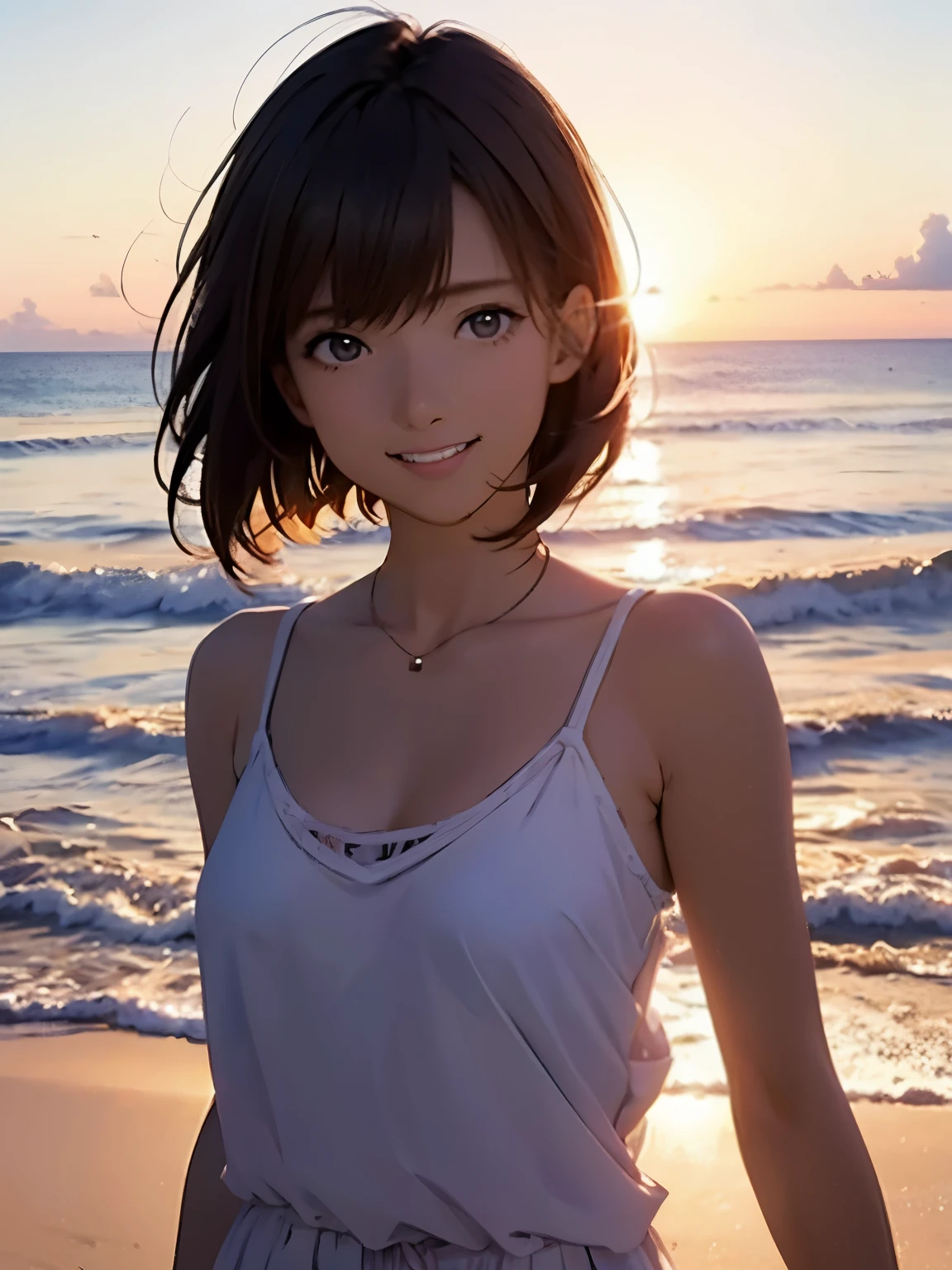 High resolution, 8k, Highest quality, detailed, Semi-realistic anime, Anime 3D Style, Smooth anime CG, One Girl, A 20-year-old Japanese woman, slim, Modeled, Shiny brown hair, detailedな顔, Beautiful and detailed, Glowing Skin, Hard Focus、Film Grain, Soft lighting, Looking at the audience, Laughter, (Woman in casual beachwear and sunglasses), Sunset beach、A beautiful scene with a silhouette walking along the shore