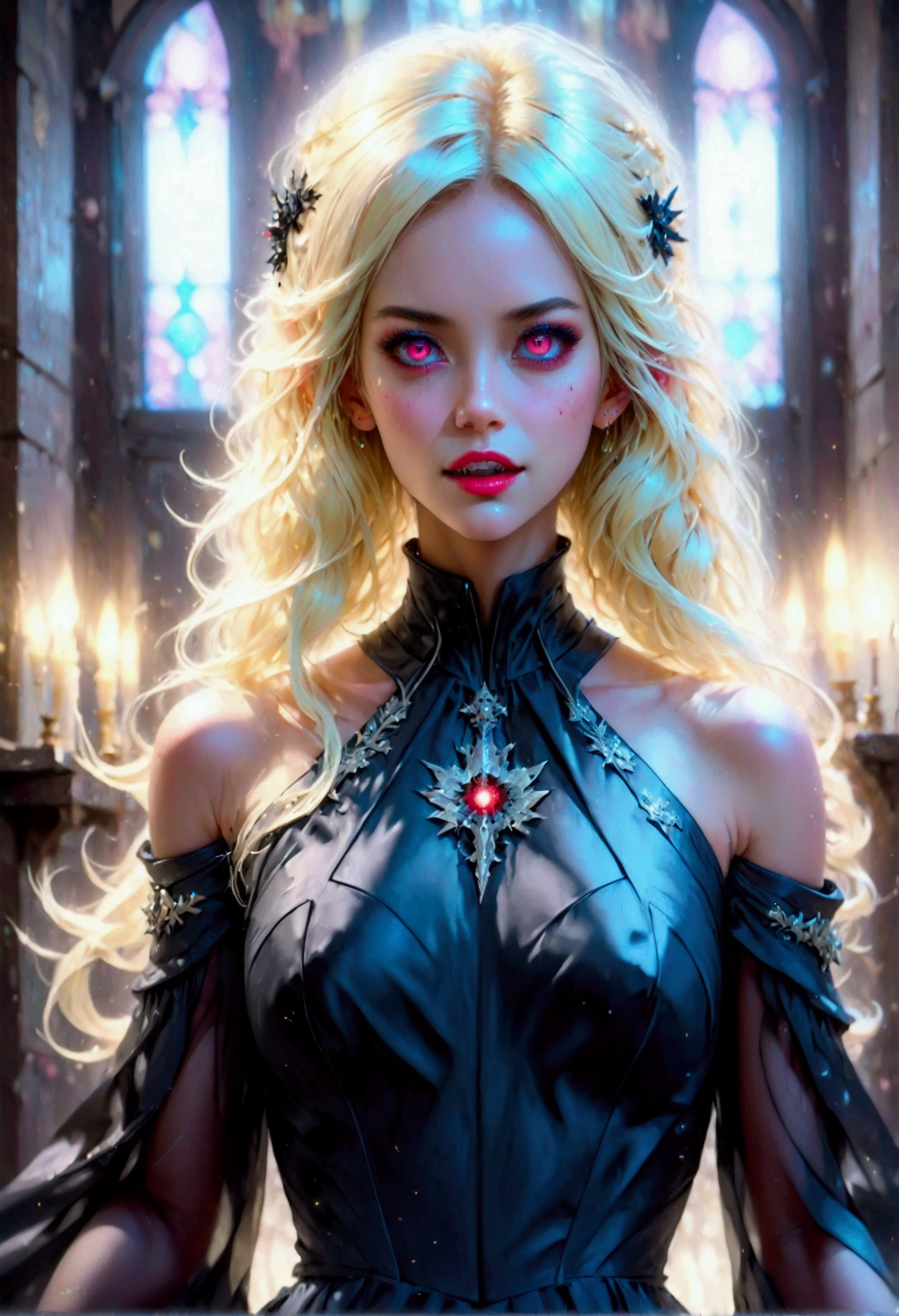 Arafed, dark fantasy art, glamour shot, award winning shot, photorealistic, a portrait of a female vampire drinking a ((glass of blood)), blond hair, dynamic hair style , long hair, red lips, (glowing eyes: 1.5), dynamic eye color, dynamic color, she wears, an elegant (black dress: 1.5), catholic church and altar background, bar background, 16k, ultra detailed, masterpiece, best quality, (extremely detailed), rpg portrait, art by mooncryptowow, photograph, FFROA, vampire teeth