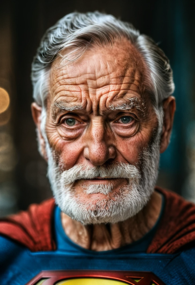 portrait of a very Old age Superman, with beard, wrinkles, visible skin pores, hyper realistic, insane detail, bokeh, blurred background, photorealistic, extreme realism, 35mm film photography, professional portrait, film photography style, high contrast, dramatic lights, telephoto lens, masterpiece