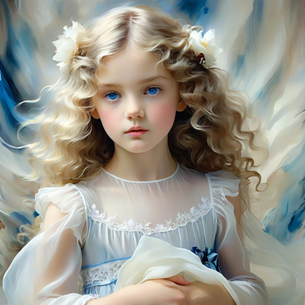 Girl with long wavy blonde dark hair, She is wearing a white transparent chiffon dress with white lace, the style of the artist John Singer Sargent, eye contact, 8 K,12K, how modonna holds in her hands, one year old , with blue eyes, Beautiful,  