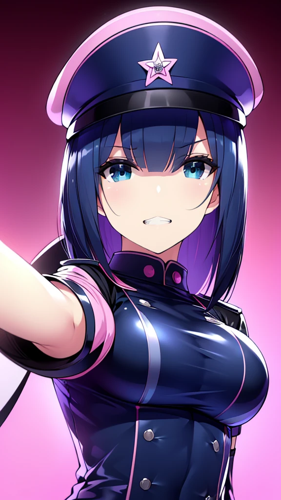 tall、 adult、Married Woman、Shiny latex police uniform、Officer hat、邪evilな警官、Pink and black background,  evil, lure, excited, A condescending grin, Lightly open your mouth、Sexy pose, Upper Body,