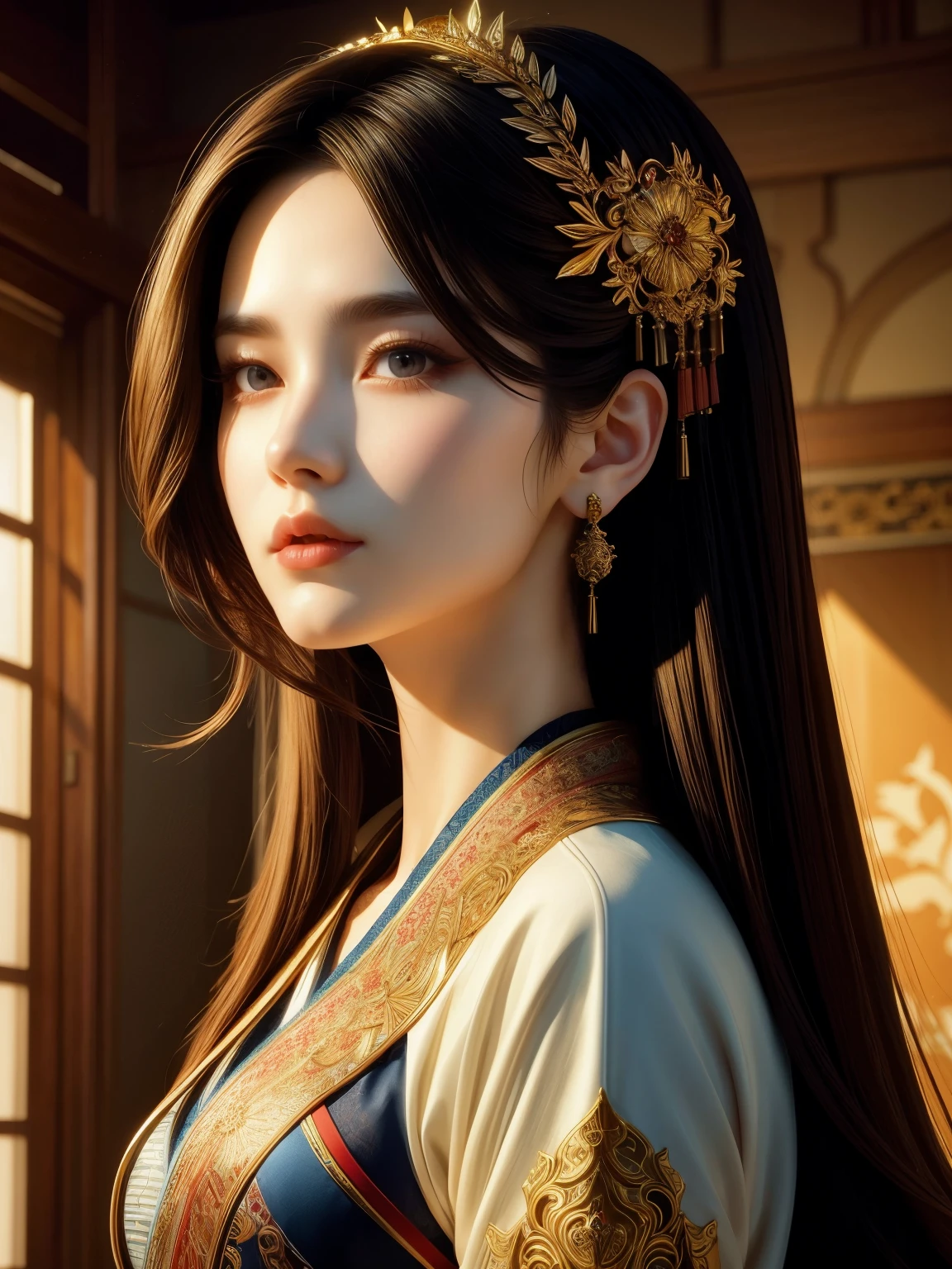 (high quality), (masterpiece), (detailed), 8K, Hyper-realistic portrait of (Korean woman1.2) wearing (traditional fantasy attire1.2) with intricate (embroidered patterns1.2) and (delicate accessories1.2). Her (long black hair1.2) cascades down her back, and her (piercing brown eyes1.2) seem to hold a deep (mystical energy1.2). The (soft, golden lighting1.2) illuminates her (smooth, porcelain skin1.2), creating a sense of (serene elegance1.2).