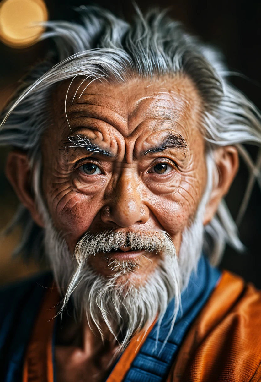 portrait of a very Old age Goku, with beard, wrinkles, visible skin pores, hyper realistic, insane detail, bokeh, blurred background, photorealistic, extreme realism, 35mm film photography, professional portrait, film photography style, high contrast, dramatic lights, telephoto lens, masterpiece