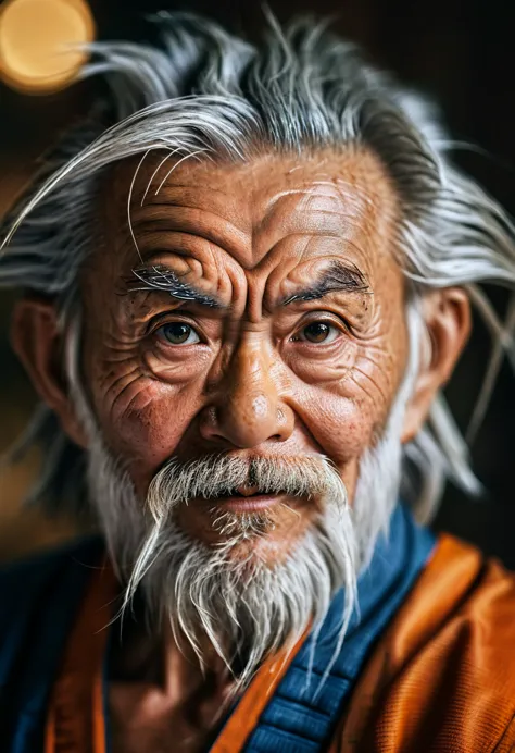 portrait of a very old age goku, with beard, wrinkles, visible skin pores, hyper realistic, insane detail, bokeh, blurred backgr...