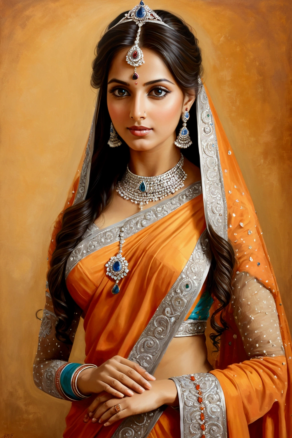 a painting of a woman in a traditional indian dress, traditional beauty, portrait of a beautiful goddess, indian art, painting of beautiful, beautiful maiden, gorgeous woman, beautiful goddess, a stunning portrait of a goddess, indian empress, of indian princess, very beautiful woman, indian goddess, beautiful woman, adorned with precious stones, very very beautiful woman, goddess portrait
