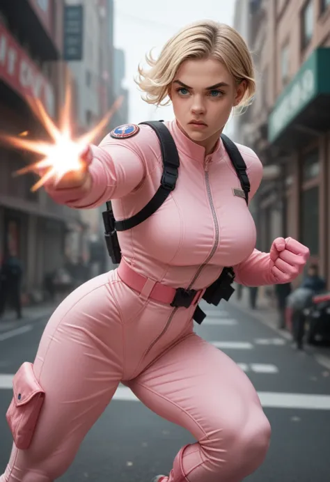 young woman. blonde. for the.long. blue eyes. as a superhero. black and pink fitted suit. very big breasts. very muscular. armed...