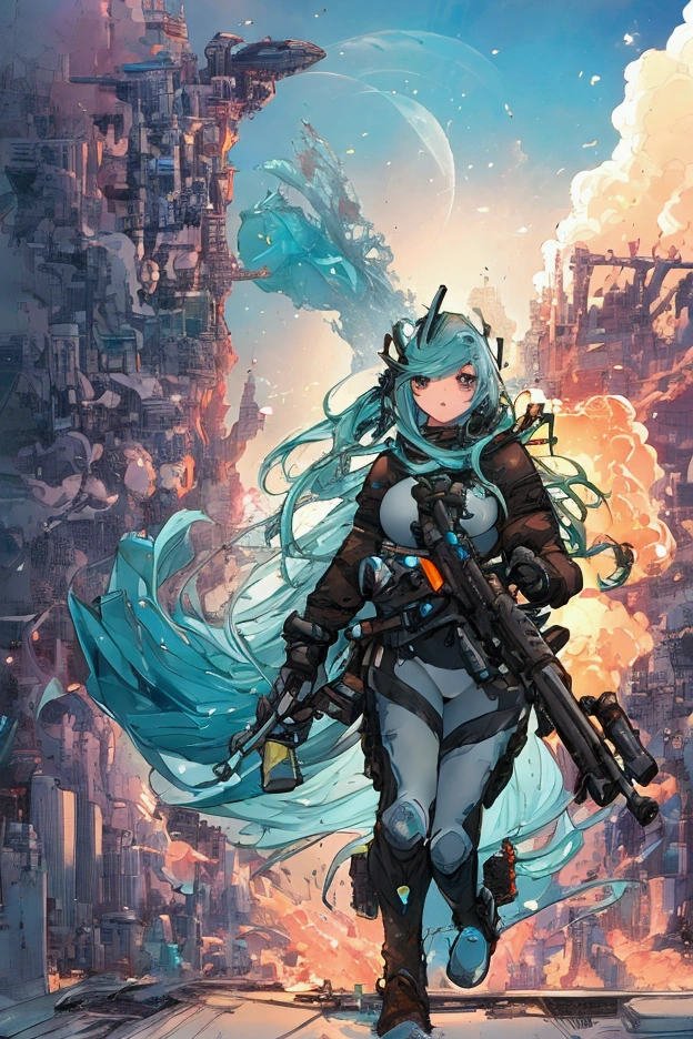 Two full-body figures of a dolphin-faced mermaid holding a gun in both hands and firing in a space suit　Burning cityscape in the background