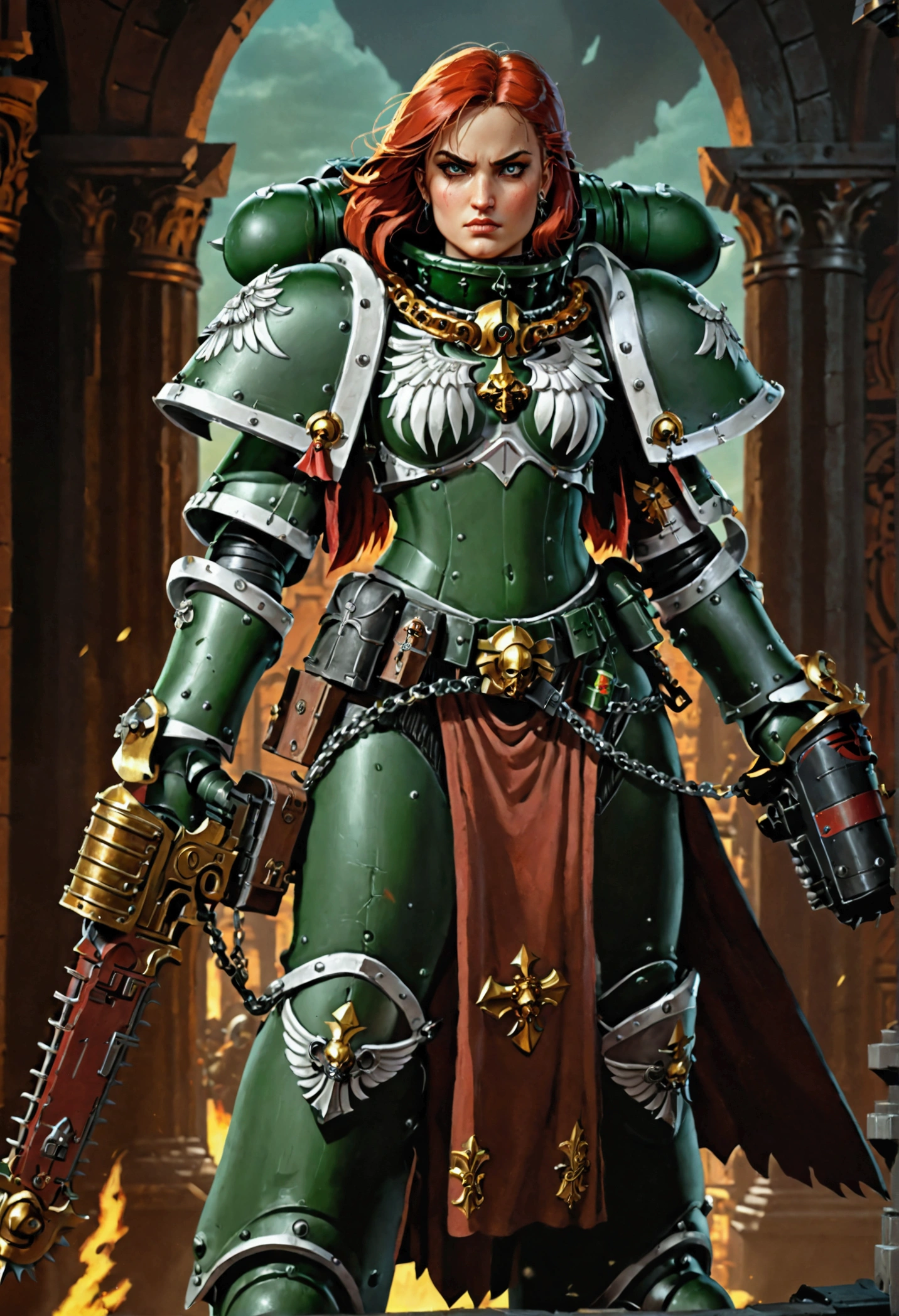 1girl, dark angels armor, chain sword, battle sister, cartoon style, 8k, hyper detailed, intricate details, dramatic lighting, cinematic composition, rich colors, chiaroscuro, heroic pose