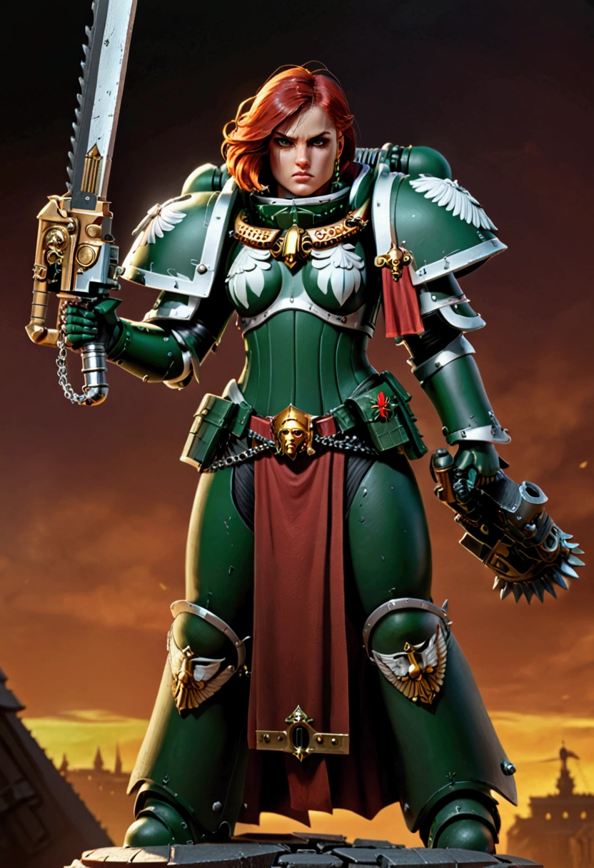 1girl, dark angels armor, chain sword, battle sister, cartoon style, 8k, hyper detailed, intricate details, dramatic lighting, cinematic composition, rich colors, chiaroscuro, heroic pose