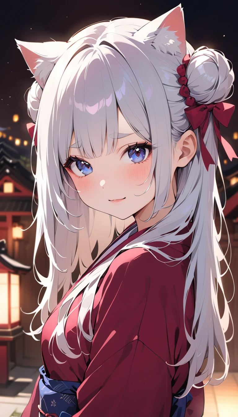 (((masterpiece, Highest quality, Cat earの少女1人, alone, 独奏))), (((two side bun hairstyle, Cat ear,Long Hair, Silver Hair,Tie the side hair down, Very short, round eyebrows:1.8, bangs, Beautiful Eyes, Droopy eyes:1.6, Black Eyes))), (smug face, :3 face, smug face, Close your mouth, Red round cheeks, Mouth ω) View your viewers, 1, (((A kimono with a white base and a small amount of red fabric), White clogs)), Small breasts, ((Upper Body, arms behind)), from the front, full moon, Mystical Night, shrine, Many faint particles of light on the entire screen,