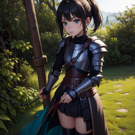 最high quality、high quality、simple cloth armor、１０year-old girl adventurer、equipped with a weapon that has a short chain at the en...