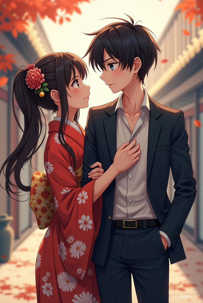 Create a girl with dark brown hair, with pigtail. Brown eyes with traditional Japanese clothing. Holding a boy's arm, Black hair and blue eyes, in elegant French attire while looking at her confused. 