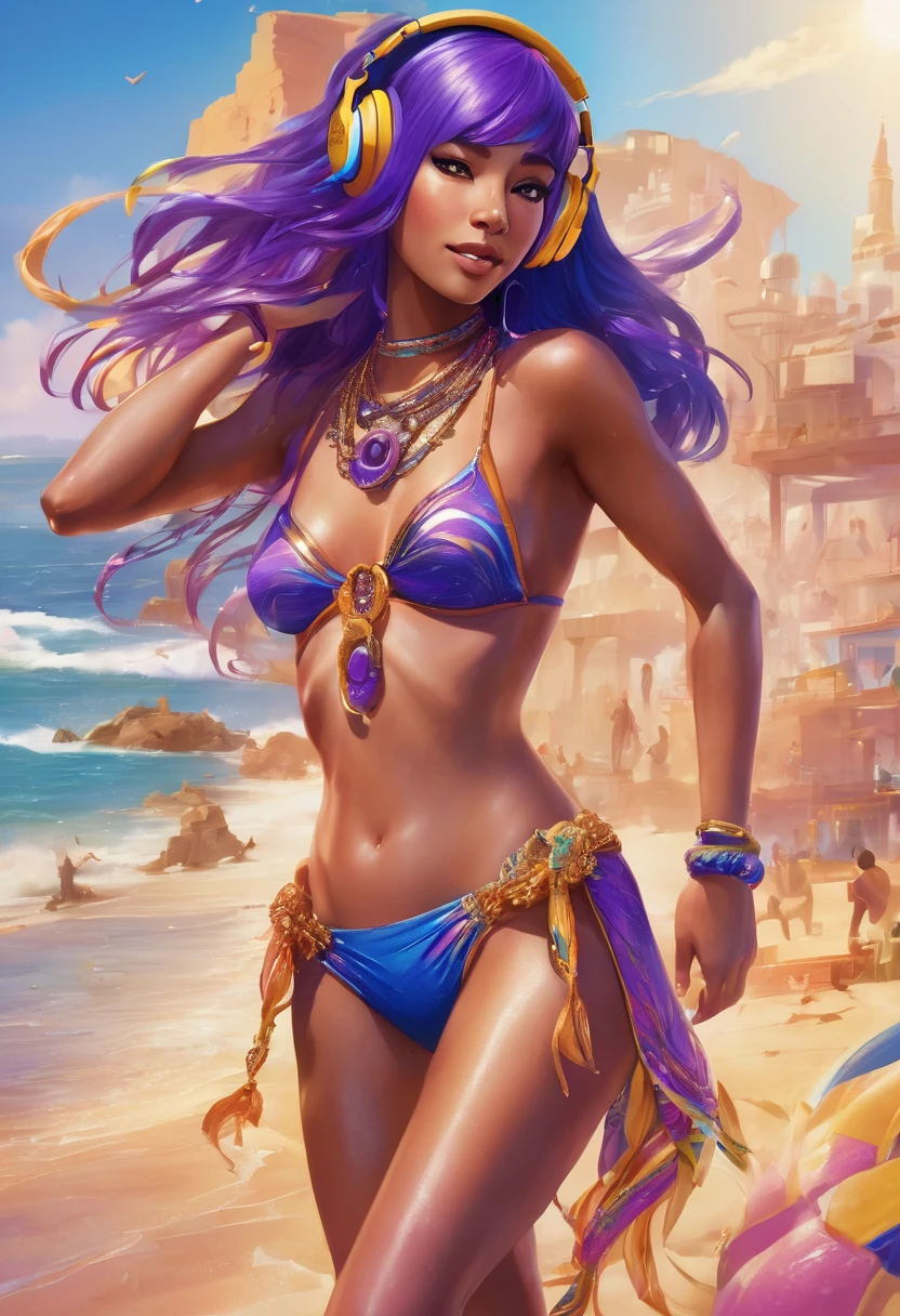 "Step into a world of wonder and beauty, where a captivating beach scene awaits. A confident female character with cascading purple locks stands out against the golden sand, adorned in a vibrant blue swimsuit and a dazzling necklace. As she basks in the warm glow of the sun, her trendy headphones transport her to a world of her own."