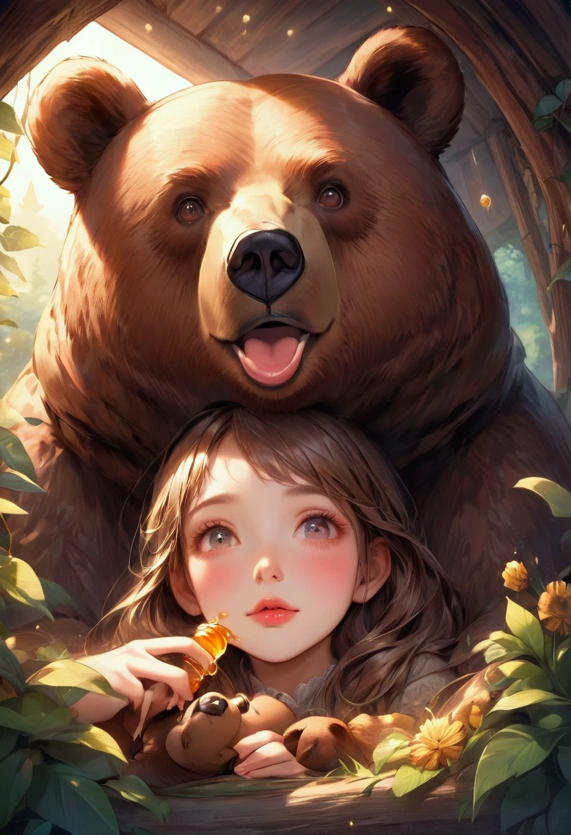 a cute girl with a friendly brown bear, sharing a honey, then playing together in a cozy den, Adorable scene between a girl and a brown bear, intricate detailed, face, longeyelash, lips, bear, playful expression, fantasy style illustration, girl's face close-up