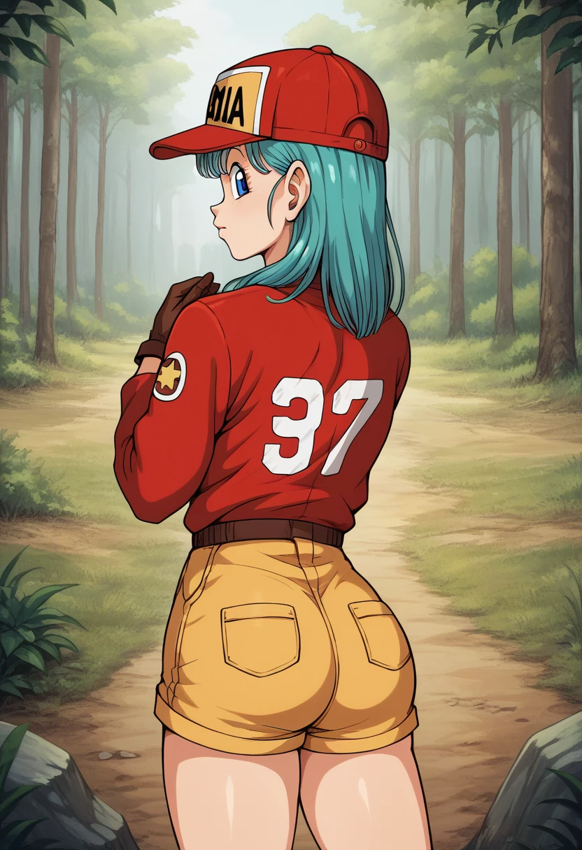 score_9, score_8_up, score_7_up, BREAK, score_9, bulma \(dragonball\), aqua hair, blue eyes, bangs, gloves, collarbone, jacket, eyelashes, straight hair, clothes writing, red jacket, brown gloves, zipper, brown shorts, baseball cap, fringe_trim, hat writing, looking at viewer, cowboy shot, ass, from behind, forest